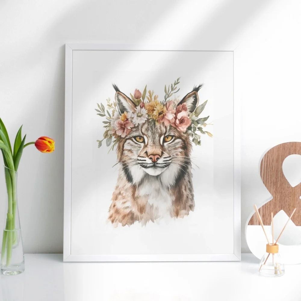 Watercolor Floral Lynx Portrait Wall Art Illustration Print Poster Unframed - Picture 4 of 9